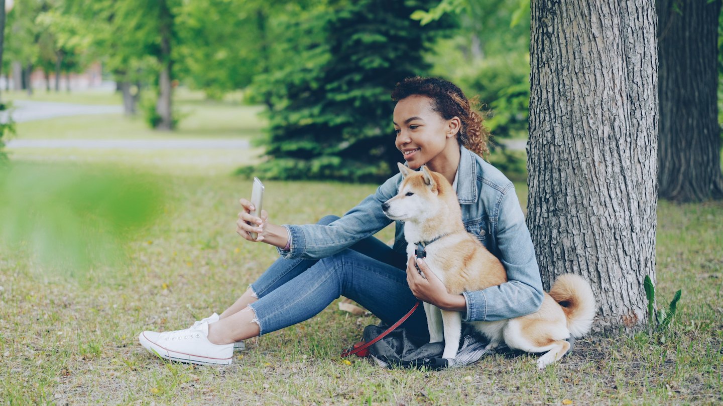 Frau macht ein Selfie mit ihrem Shiba Inu im Park.